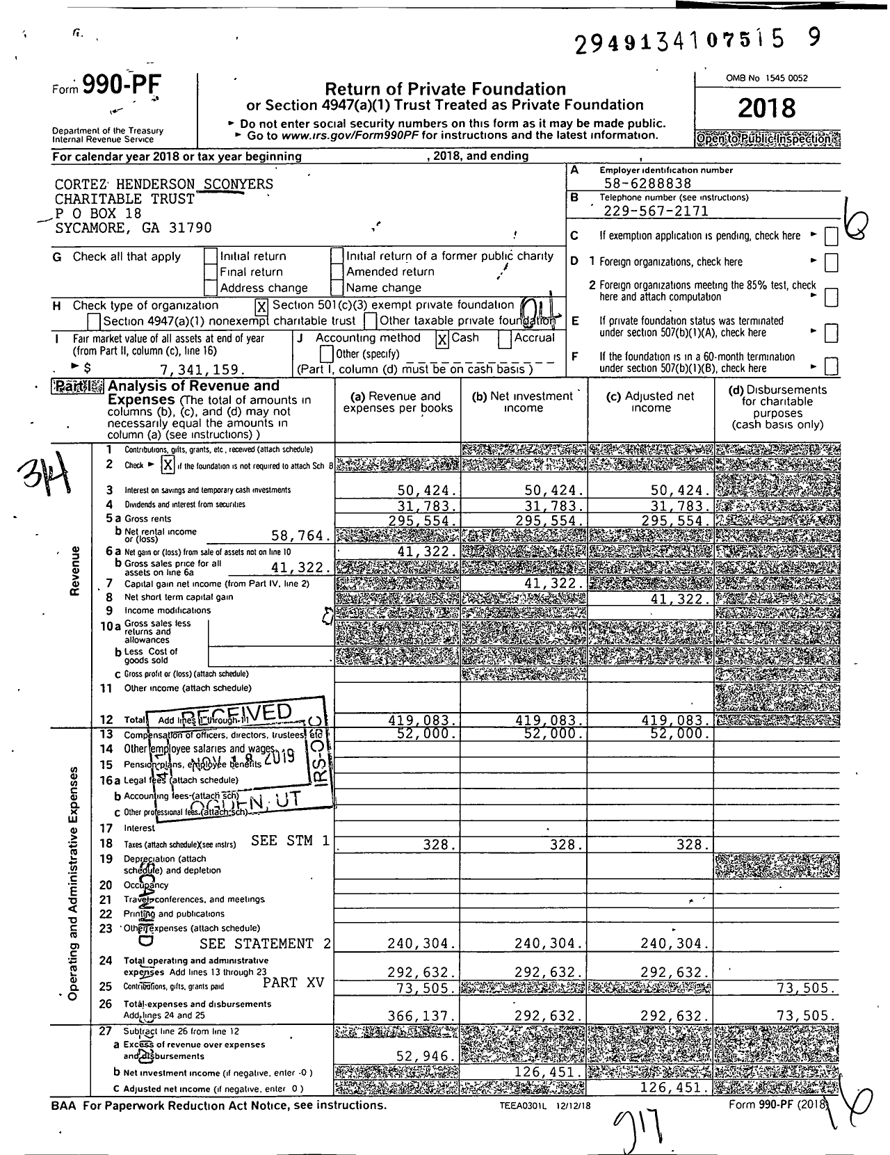 Image of first page of 2018 Form 990PF for Cortez Henderson Sconyers Charitable Trust
