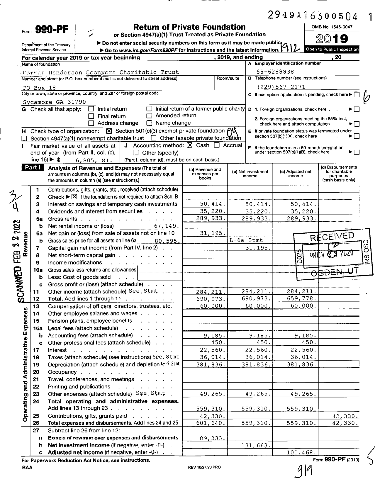 Image of first page of 2019 Form 990PF for Cortez Henderson Sconyers Charitable Trust