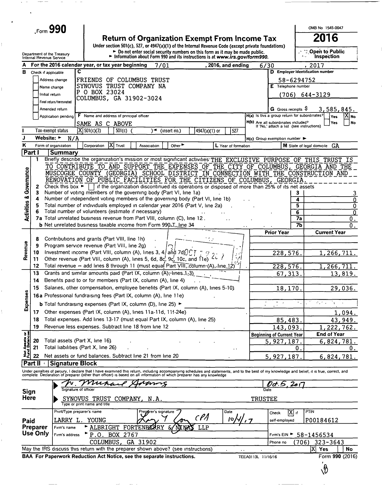 Image of first page of 2016 Form 990 for Friends of Columbus Trust Synovus Trust Company NA