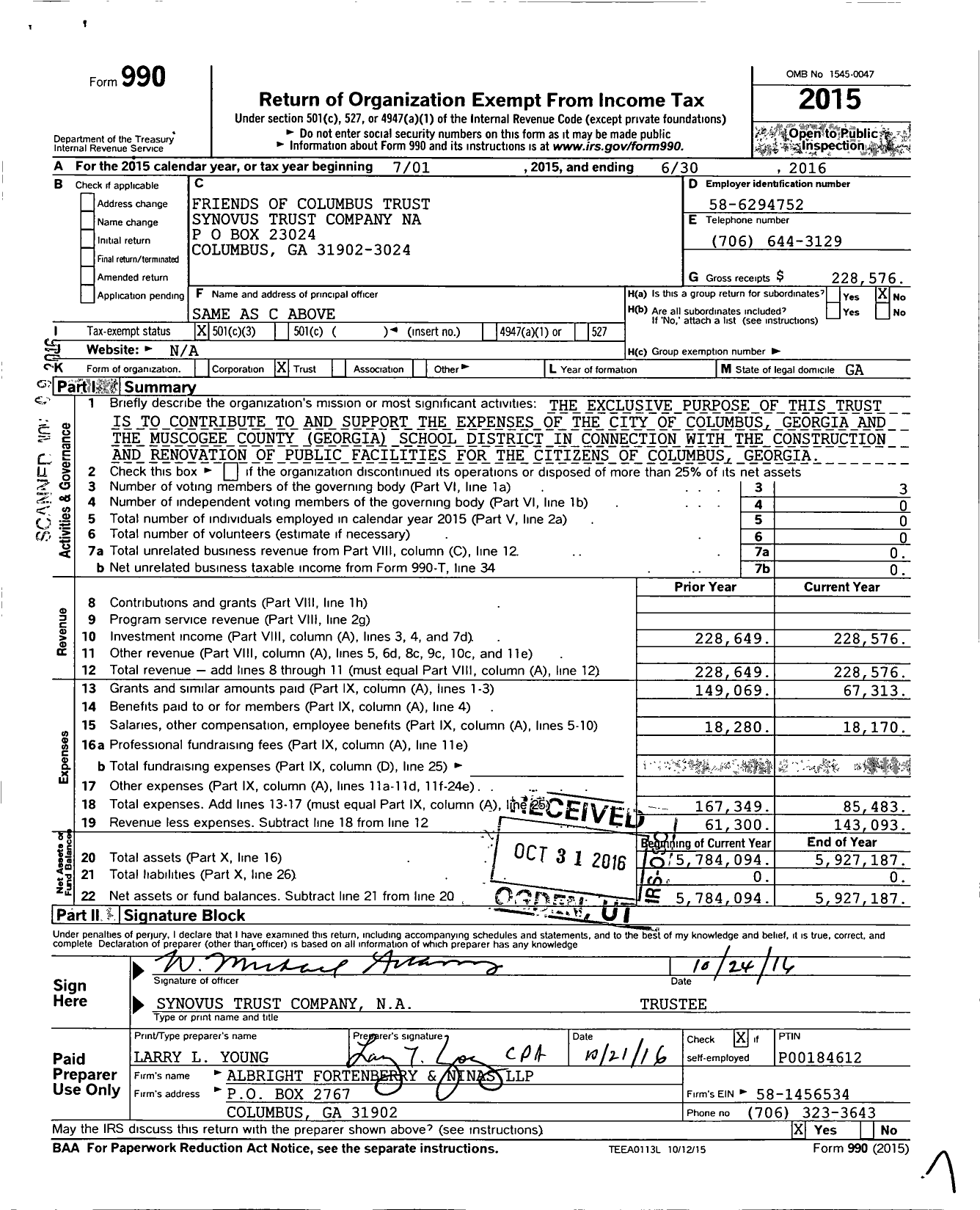 Image of first page of 2015 Form 990 for Friends of Columbus Trust Synovus Trust Company NA