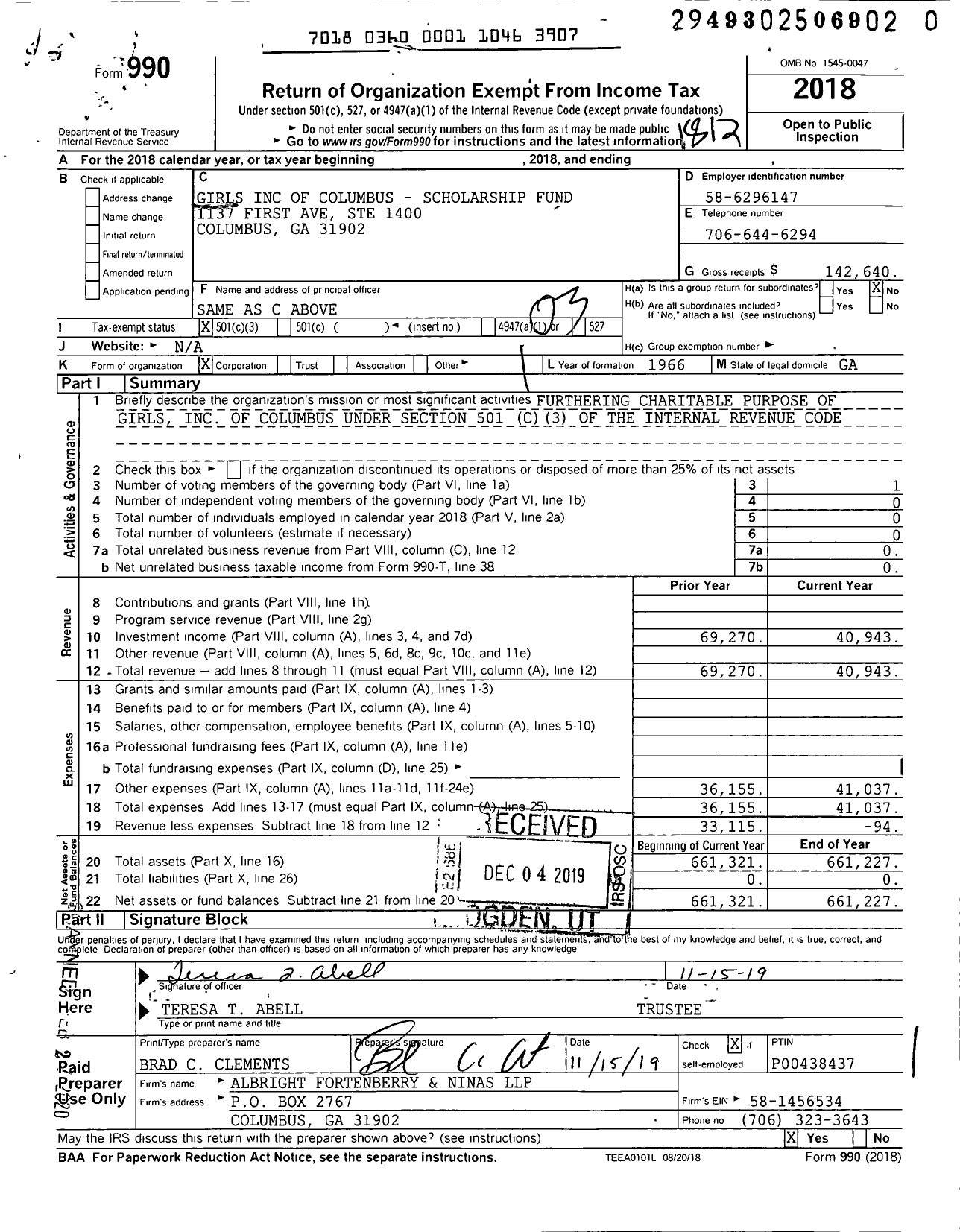 Image of first page of 2018 Form 990 for Girls of Columbus - Scholarship Fund