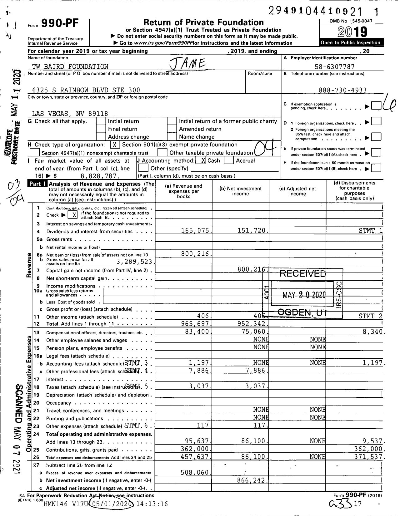 Image of first page of 2019 Form 990PF for TW Baird Foundation