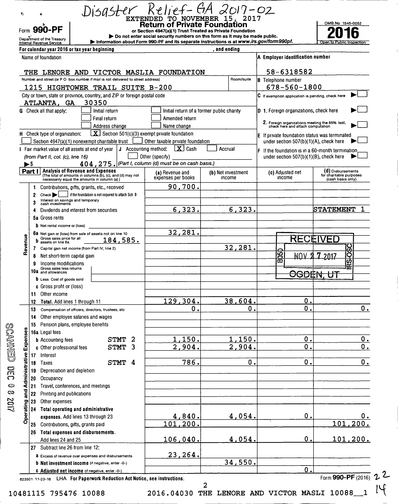 Image of first page of 2016 Form 990PF for The Lenore and Victor Maslia Foundation