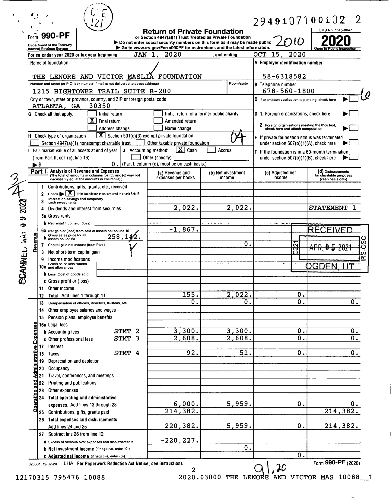 Image of first page of 2019 Form 990PF for The Lenore and Victor Maslia Foundation