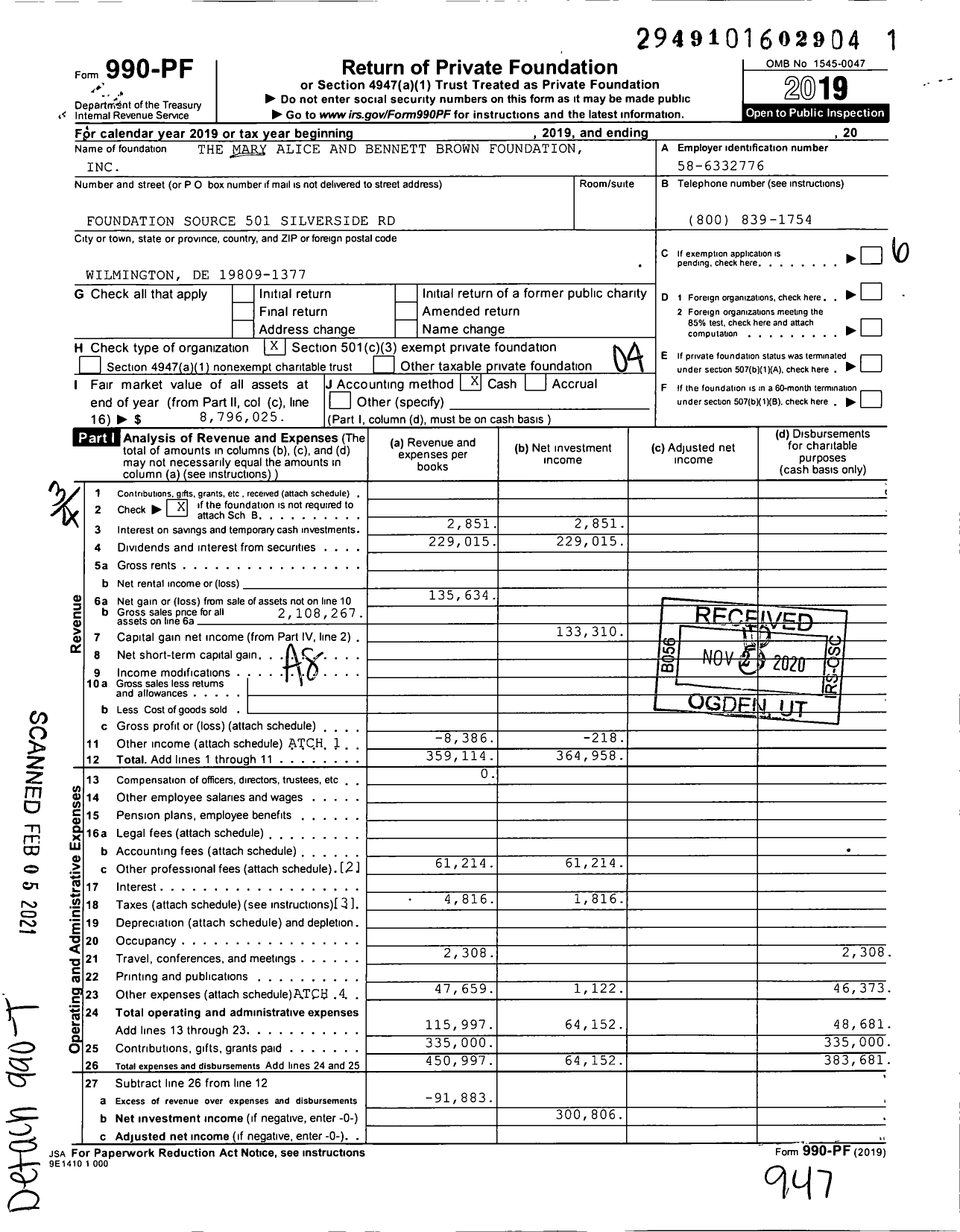 Image of first page of 2019 Form 990PF for The Mary Alice and Bennett Brown Foundation