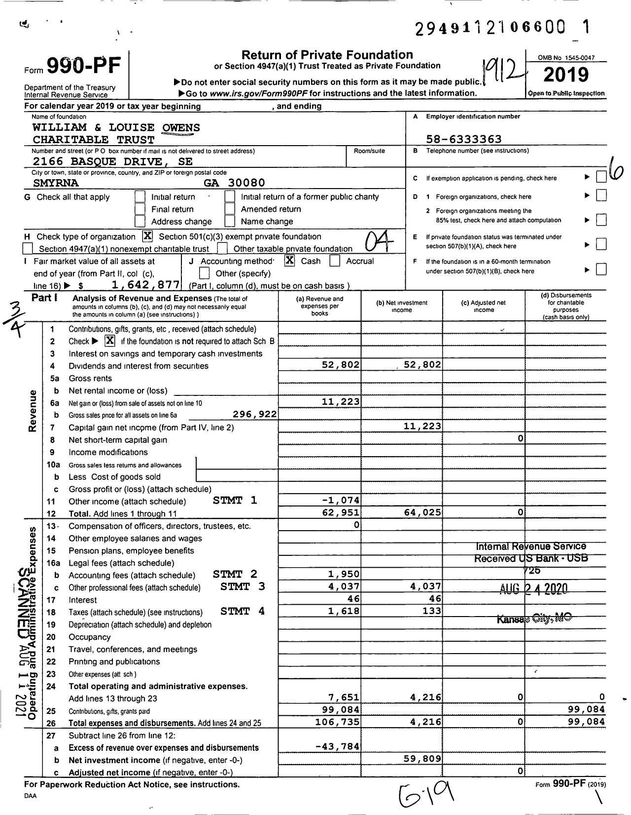 Image of first page of 2019 Form 990PF for William and Louise Owens Charitable Trust