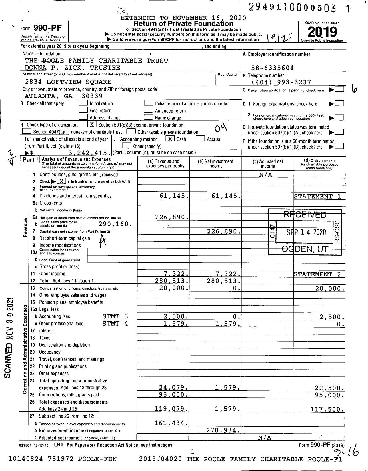 Image of first page of 2019 Form 990PF for The Poole Family Charitable Trust Donna P Zick Trustee