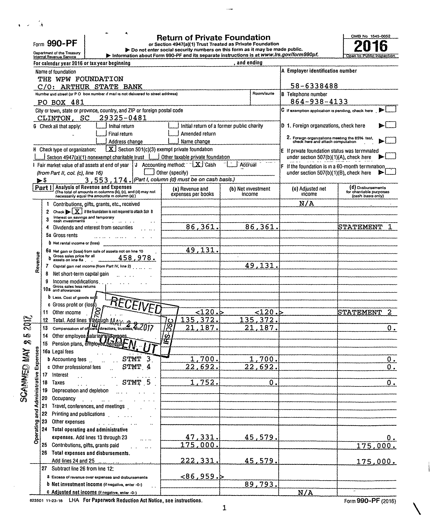 Image of first page of 2016 Form 990PF for The WPW Foundation