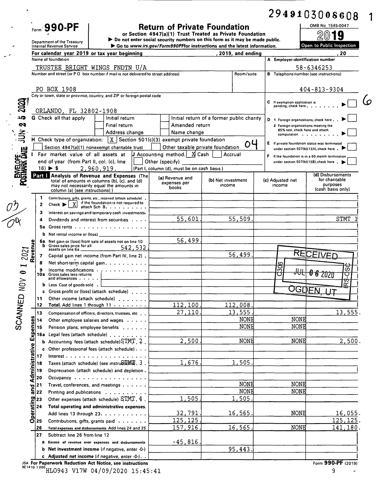 Image of first page of 2019 Form 990PF for Bright Wings Fndtn Trust