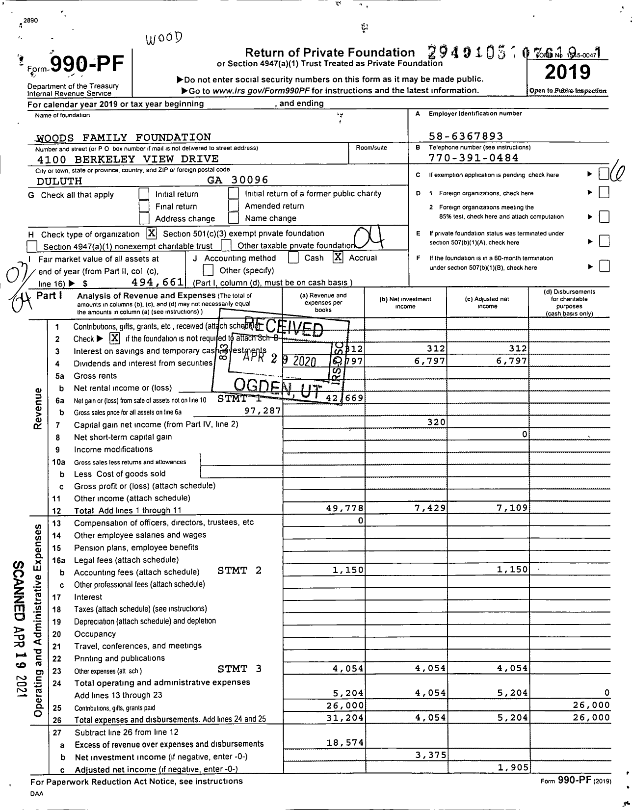 Image of first page of 2019 Form 990PF for Woods Family Foundation