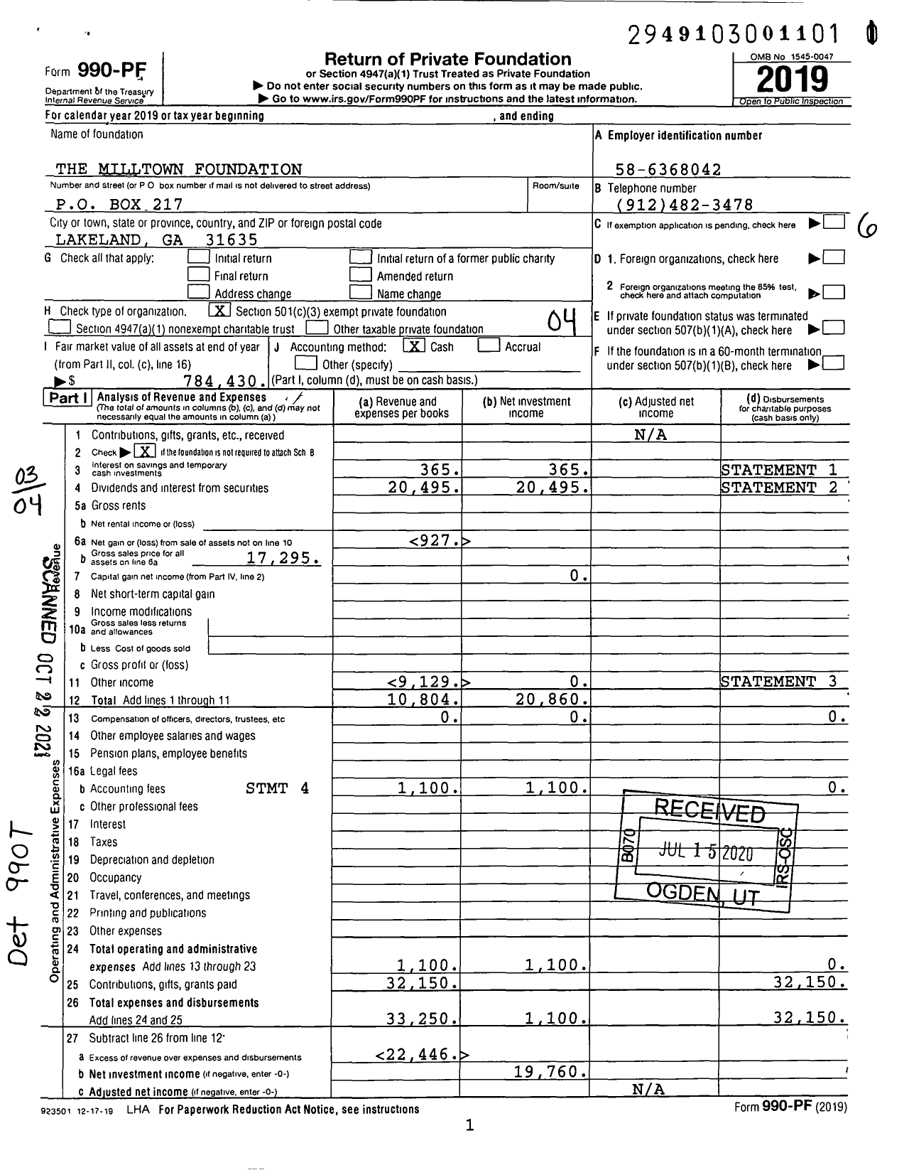 Image of first page of 2019 Form 990PF for The Milltown Foundation