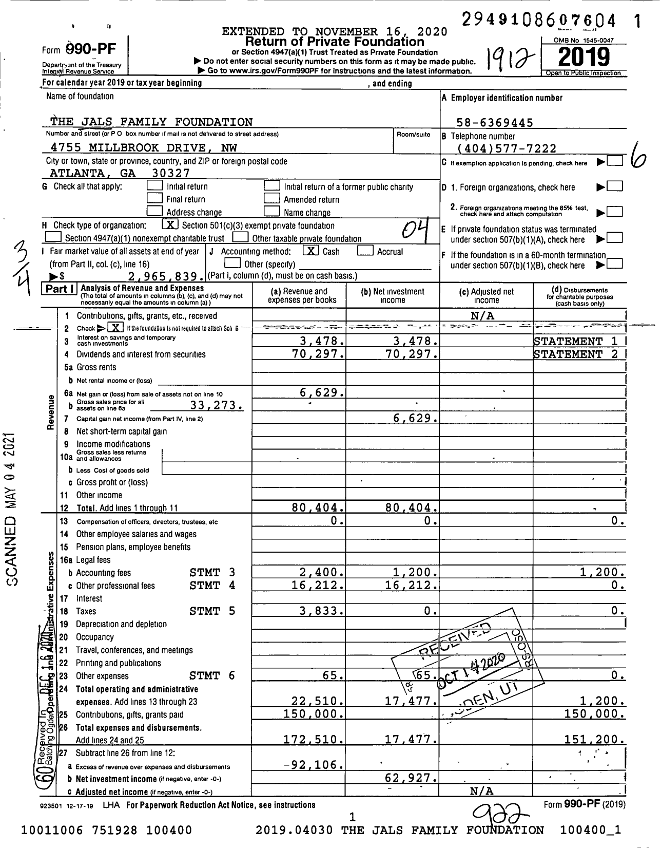 Image of first page of 2019 Form 990PF for The Jals Family Foundation