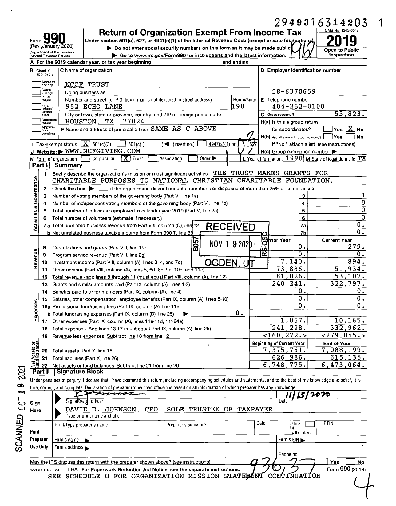 Image of first page of 2019 Form 990 for NCCF Trust