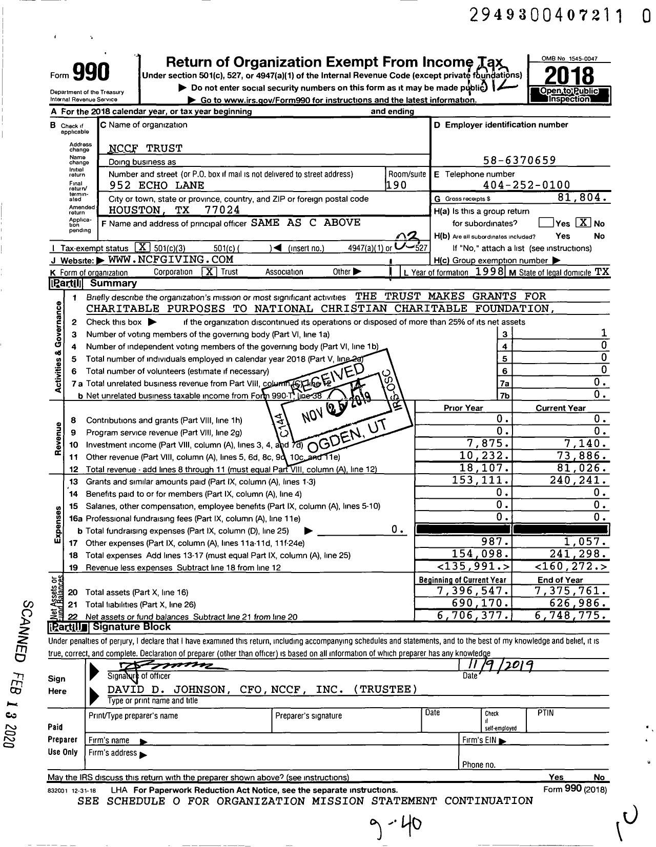 Image of first page of 2018 Form 990 for NCCF Trust