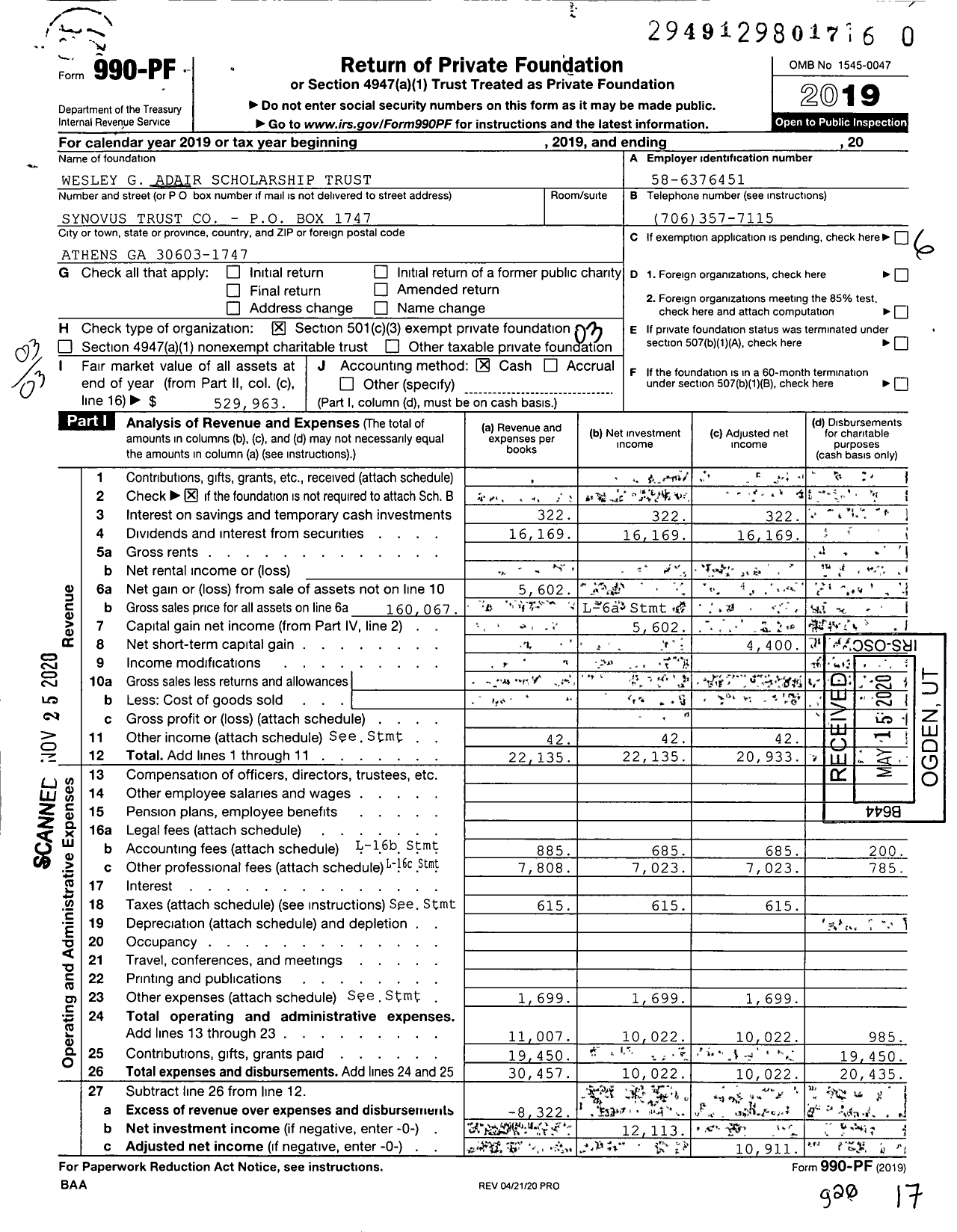 Image of first page of 2019 Form 990PF for Wesley G Adair Scholarship Trust