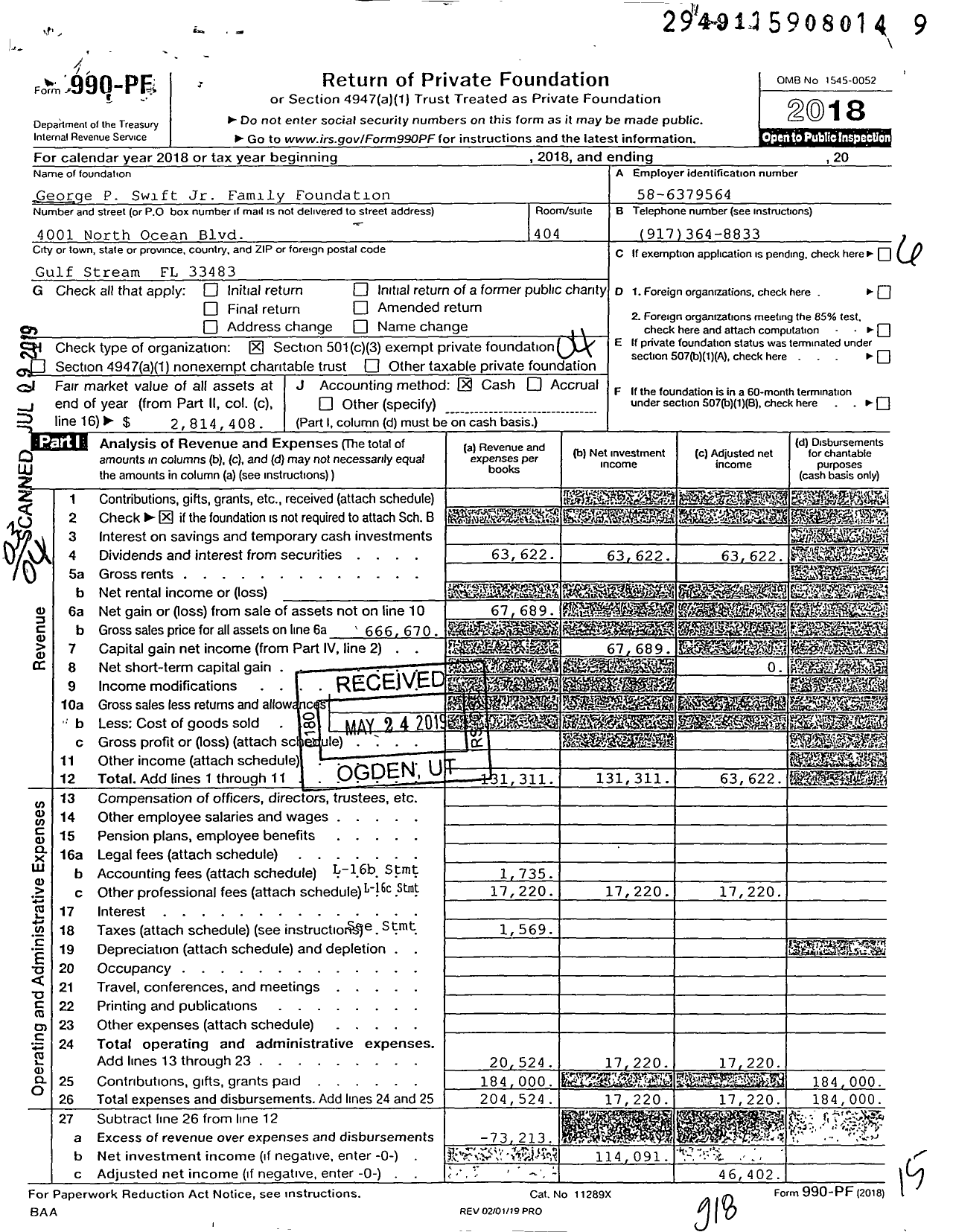 Image of first page of 2018 Form 990PF for George P Swift JR Family Foundation