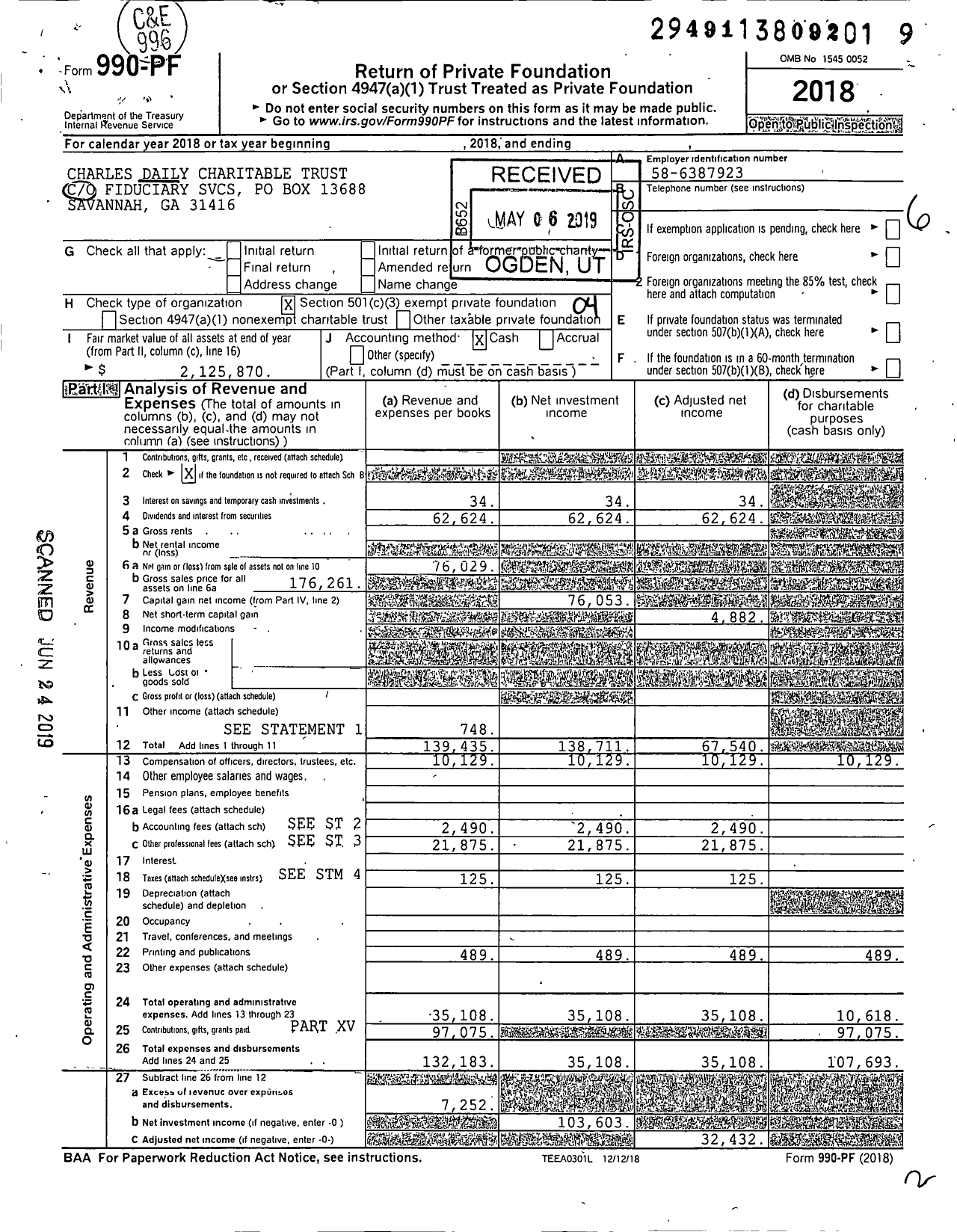 Image of first page of 2018 Form 990PF for Charles Daily Charitable Trust