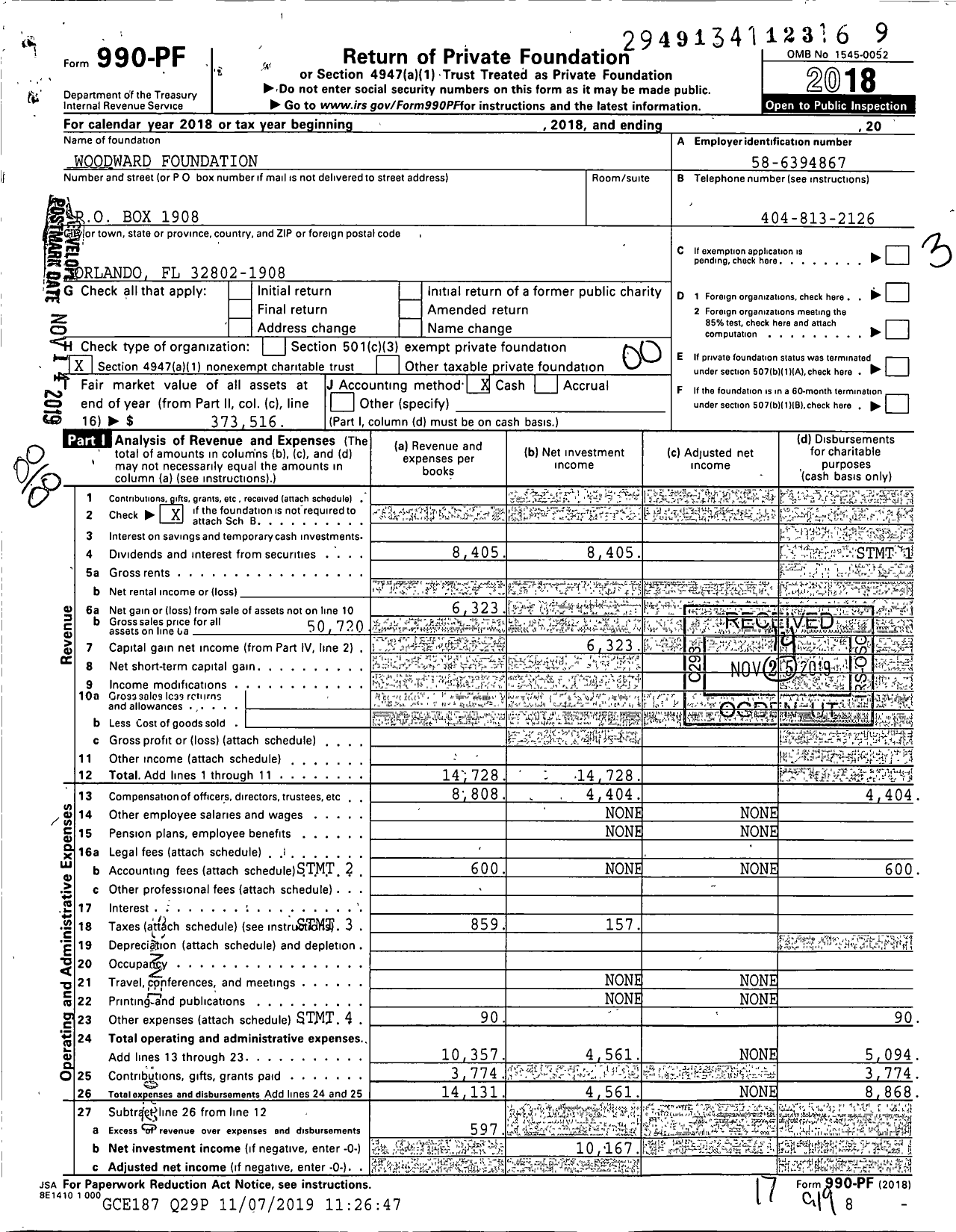 Image of first page of 2018 Form 990PF for Woodward Foundation