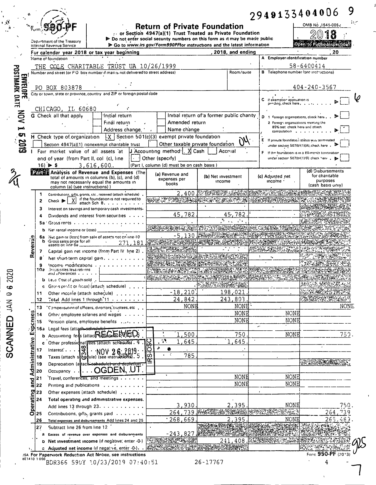 Image of first page of 2018 Form 990PF for The Cole Charitable Trust 10261999