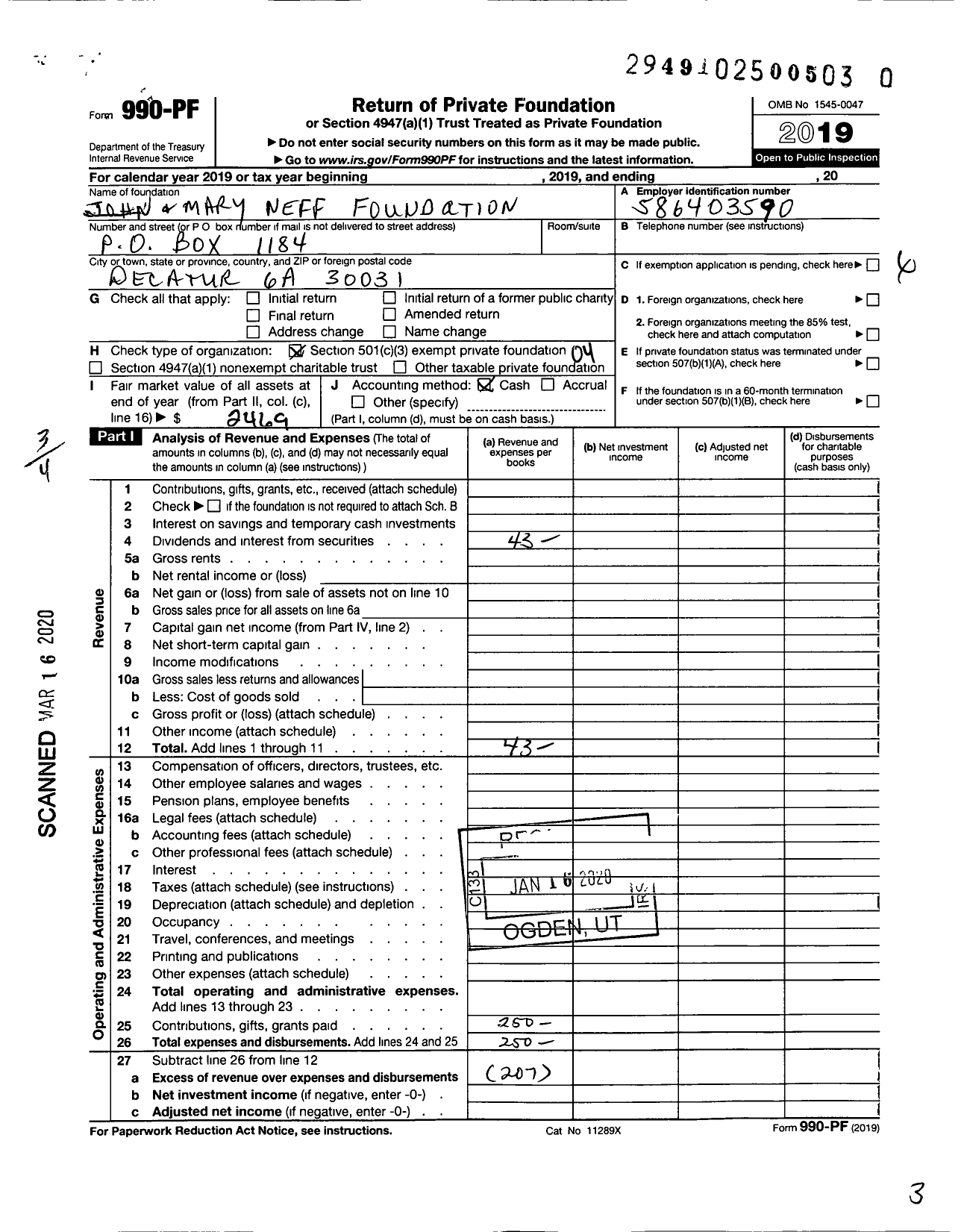 Image of first page of 2019 Form 990PR for The John and Mary Neff Foundation