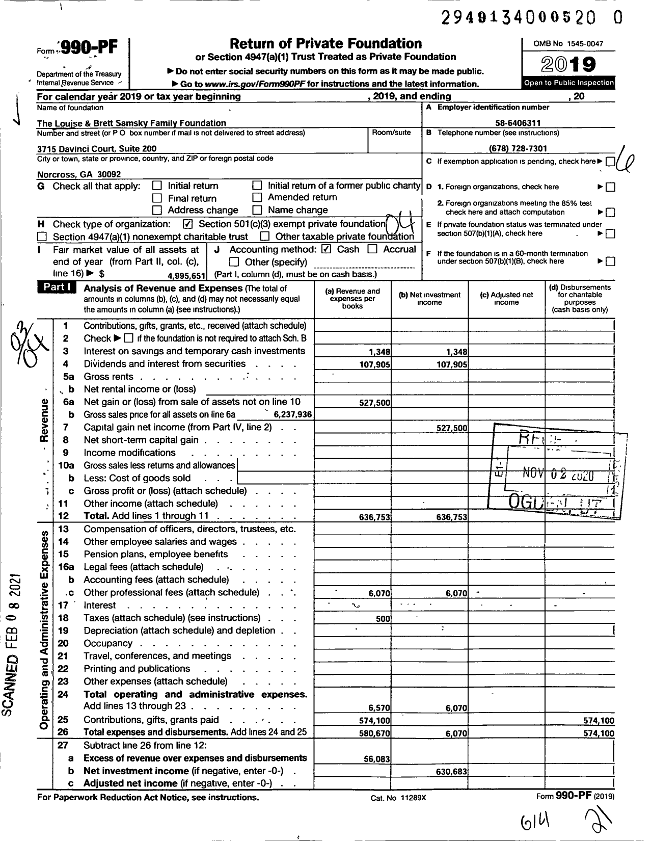 Image of first page of 2019 Form 990PF for Louise and Brett Samsky Family Foundation