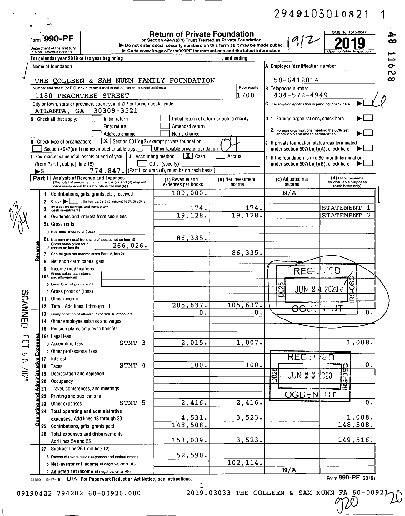 Image of first page of 2019 Form 990PF for The Colleen and Sam Nunn Family Foundation