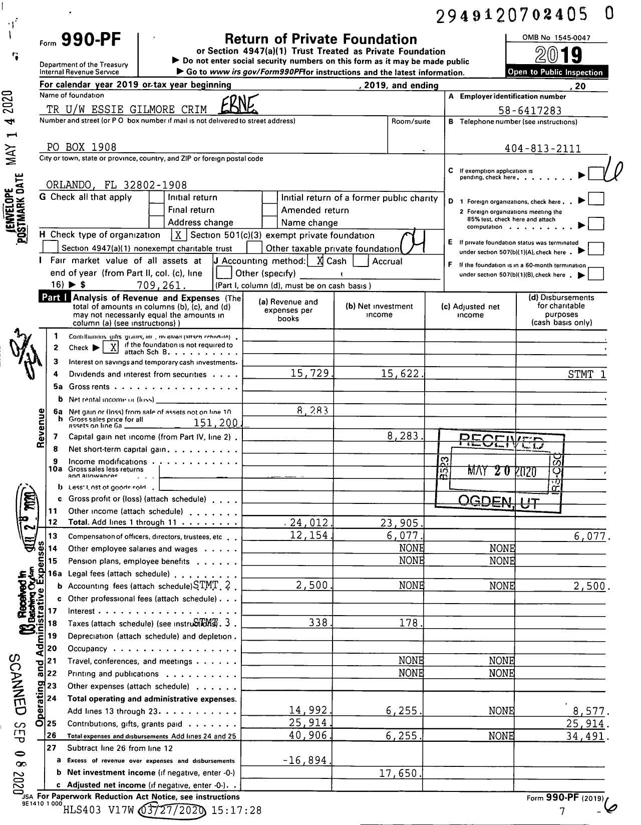 Image of first page of 2019 Form 990PR for TR Uw Essie Gilmore Crim