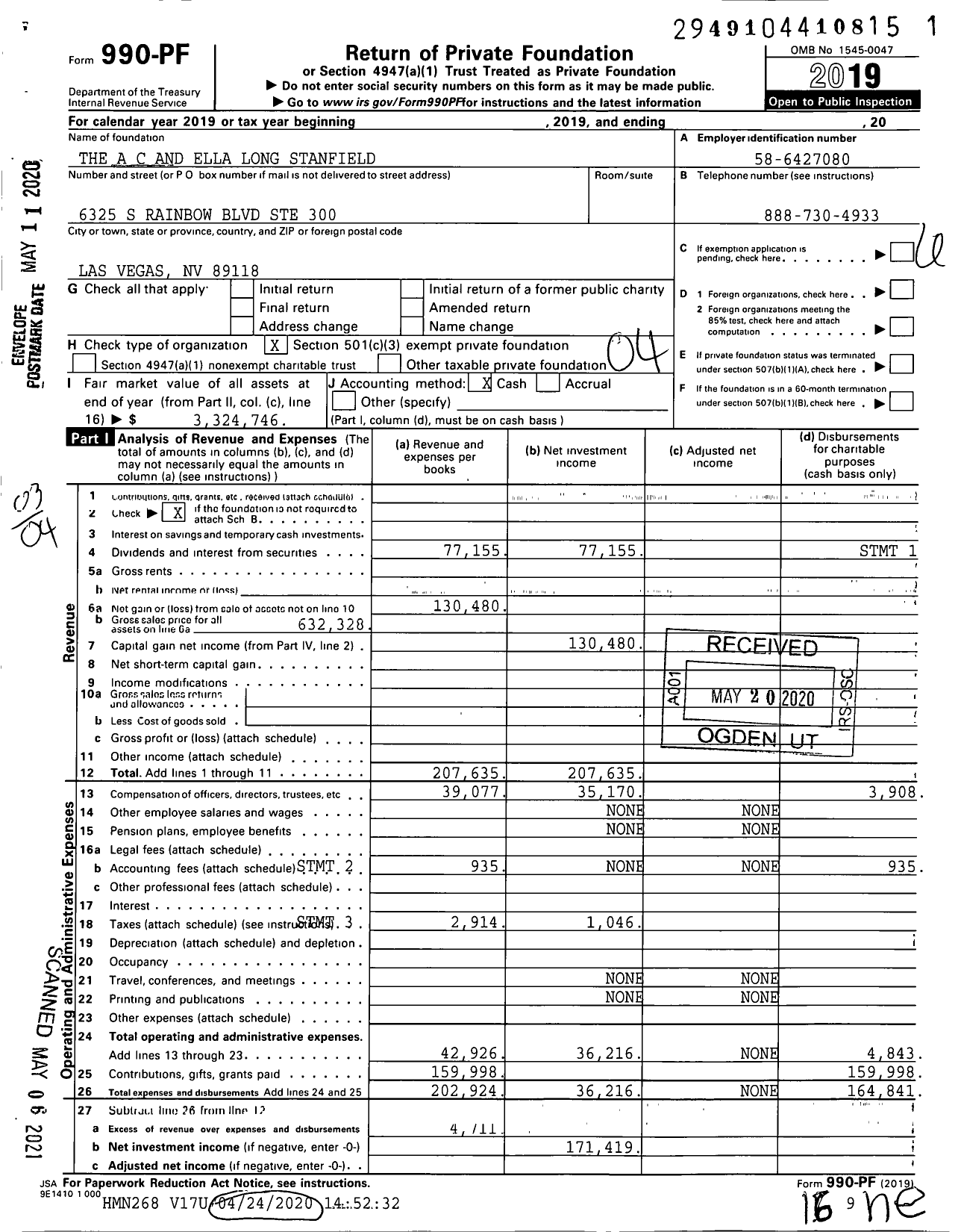 Image of first page of 2019 Form 990PF for The A C and Ella Long Stanfield