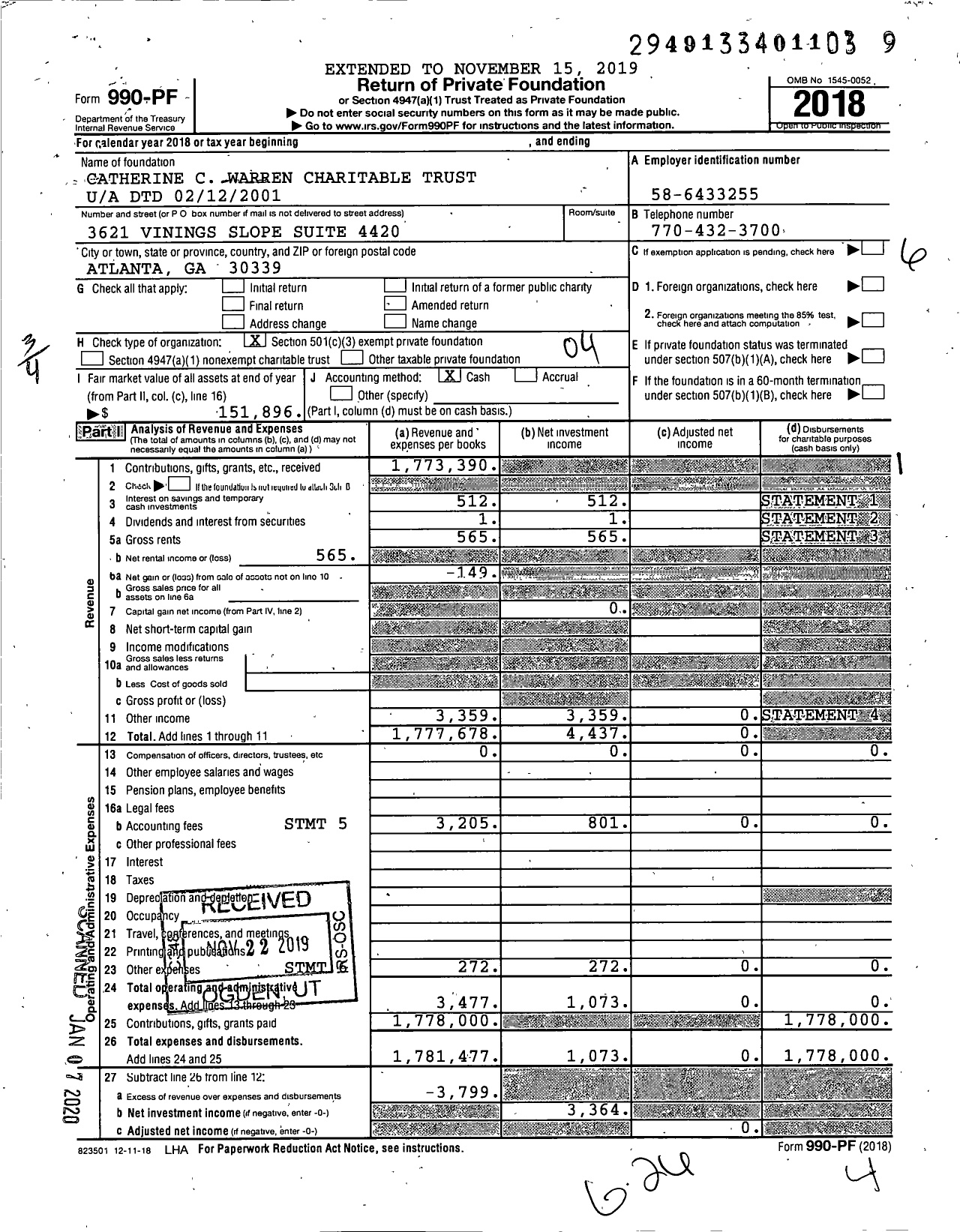 Image of first page of 2018 Form 990PF for Catherine C Warren Charitable Trust U / A DTD 02 / 12 / 2001