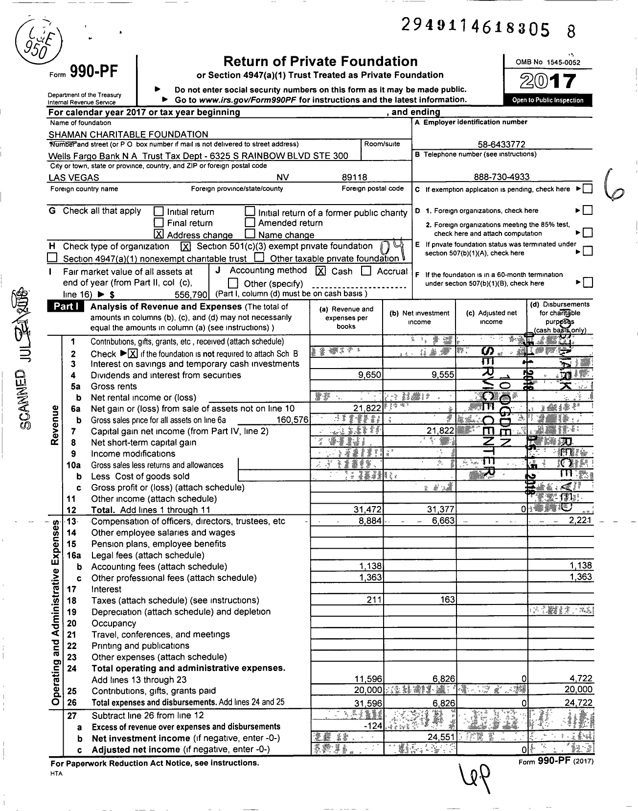 Image of first page of 2017 Form 990PF for Shaman Charitable Foundation