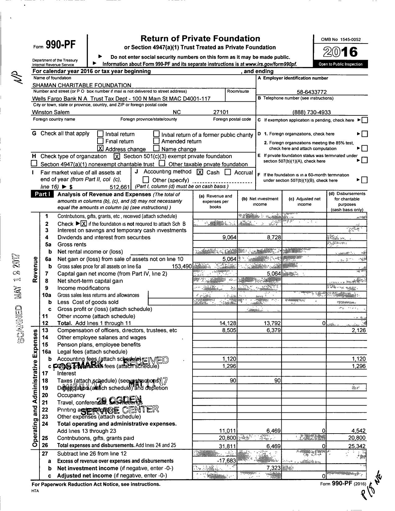 Image of first page of 2016 Form 990PF for Shaman Charitable Foundation
