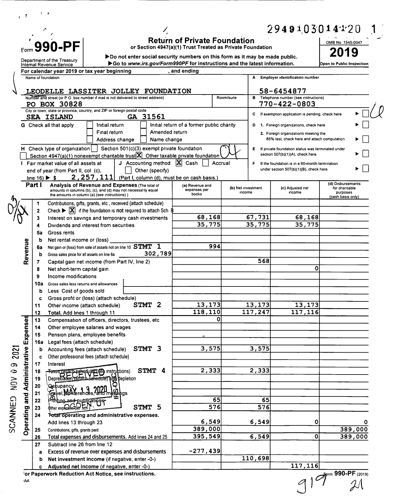 Image of first page of 2019 Form 990PF for Leodelle Lassiter Jolley Foundation