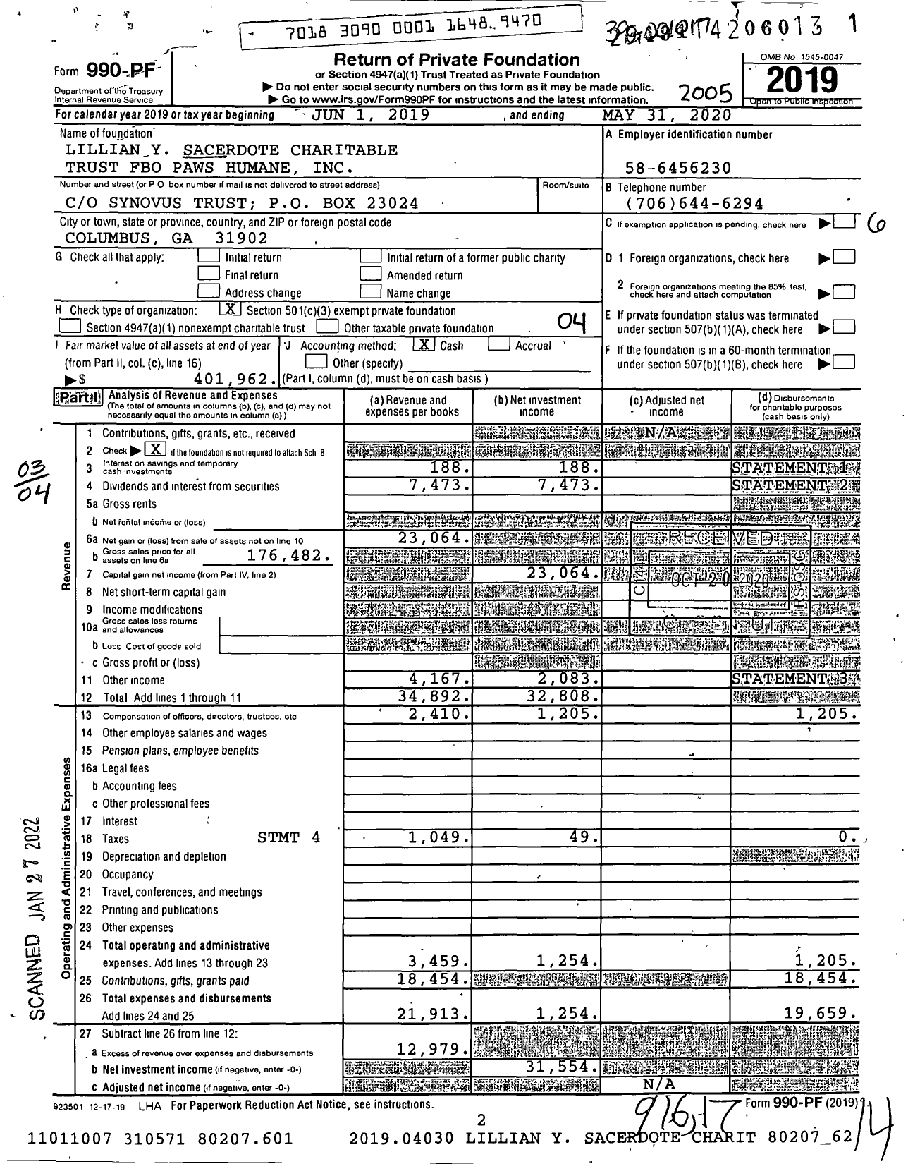 Image of first page of 2019 Form 990PF for Lillian Y Sacerdote Charitable Trust Fbo Paws Humane