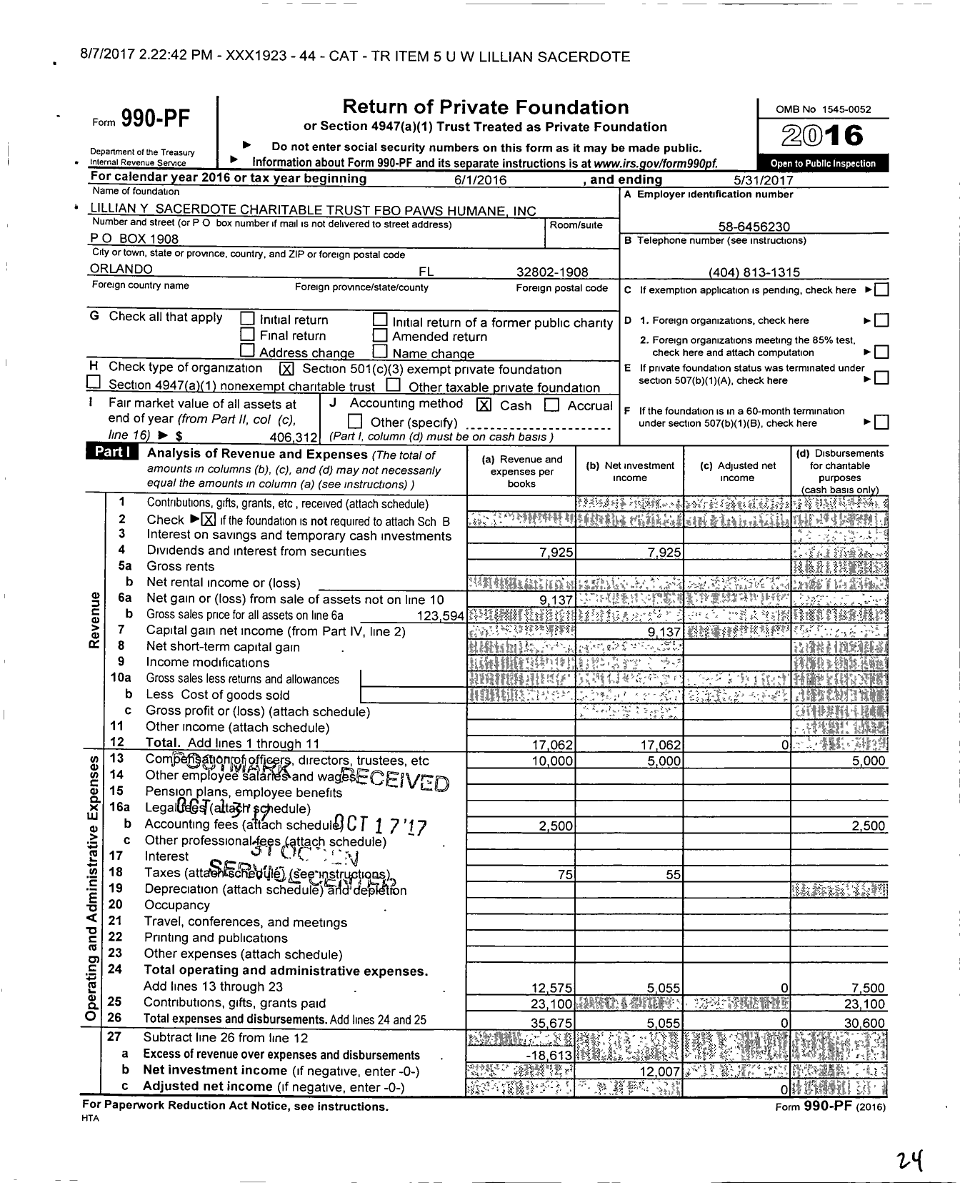 Image of first page of 2016 Form 990PF for Lillian Y Sacerdote Charitable Trust Fbo Paws Humane