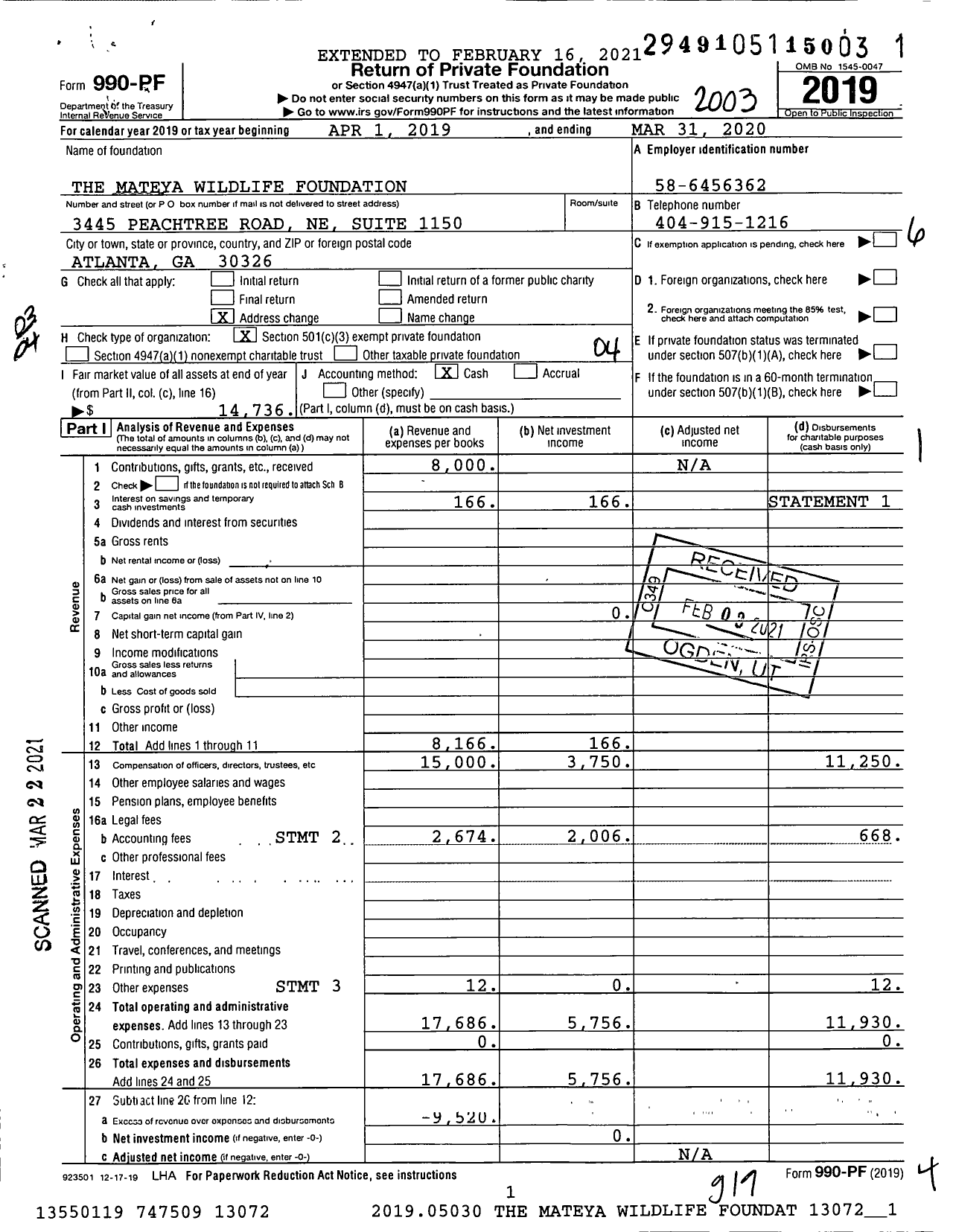 Image of first page of 2019 Form 990PF for The Mateya Wildlife Foundation