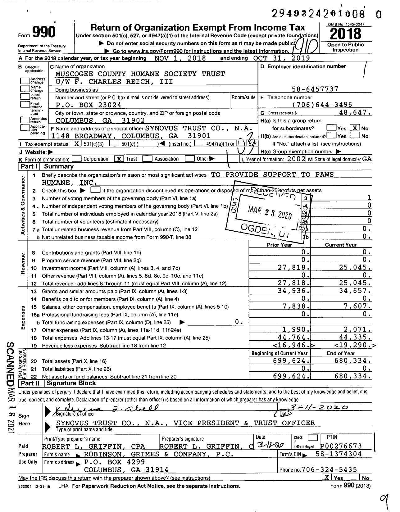 Image of first page of 2018 Form 990 for Muscogee County Humane Society Trust U / W F Charles Reich Iii