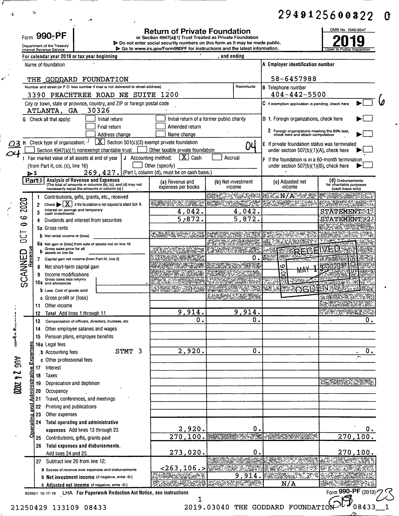 Image of first page of 2019 Form 990PR for The Goddard Foundation / Goddard Robert C Iii Ttee