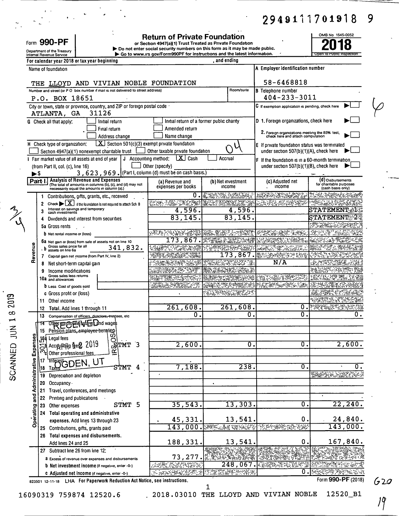 Image of first page of 2018 Form 990PF for The Lloyd and Vivian Noble Foundation