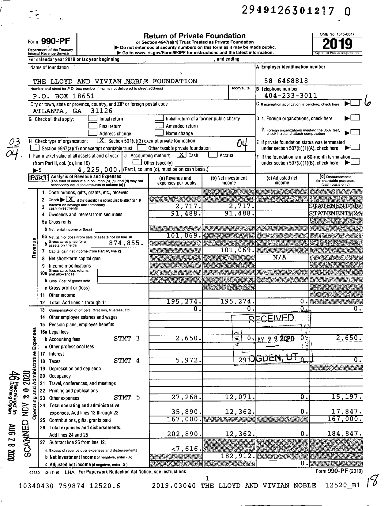 Image of first page of 2019 Form 990PF for The Lloyd and Vivian Noble Foundation