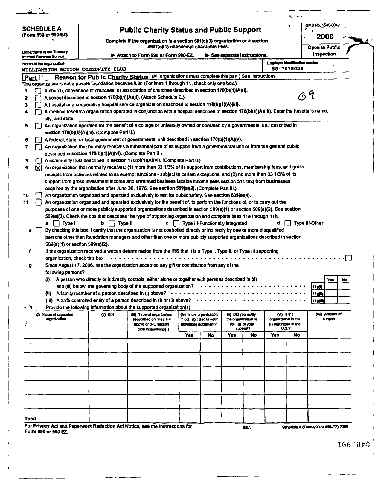 Image of first page of 2009 Form 990ER for Williamston Action Community Club