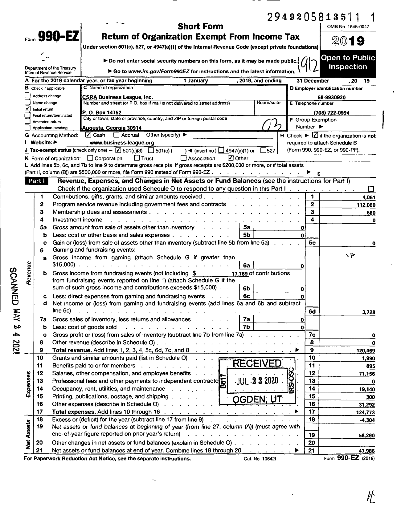 Image of first page of 2019 Form 990EZ for CSRA Business League