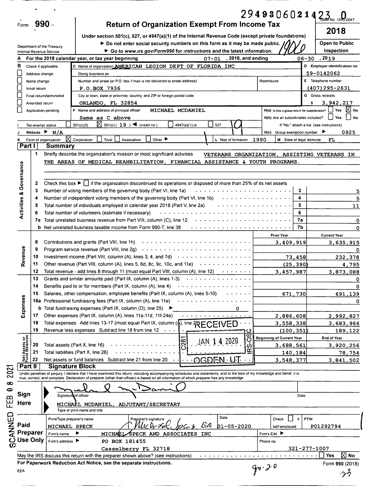 Image of first page of 2018 Form 990O for American Legion Dept of Florida