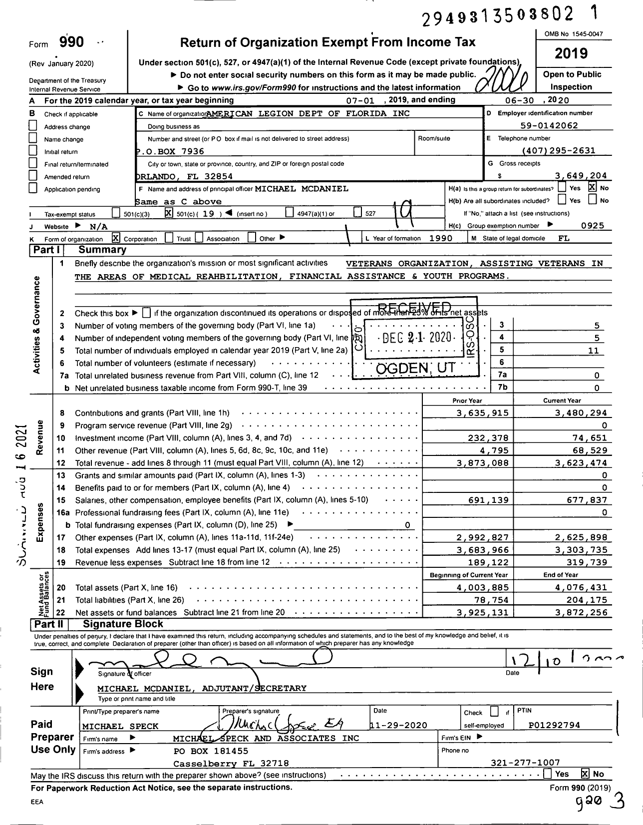 Image of first page of 2019 Form 990O for American Legion Dept of Florida