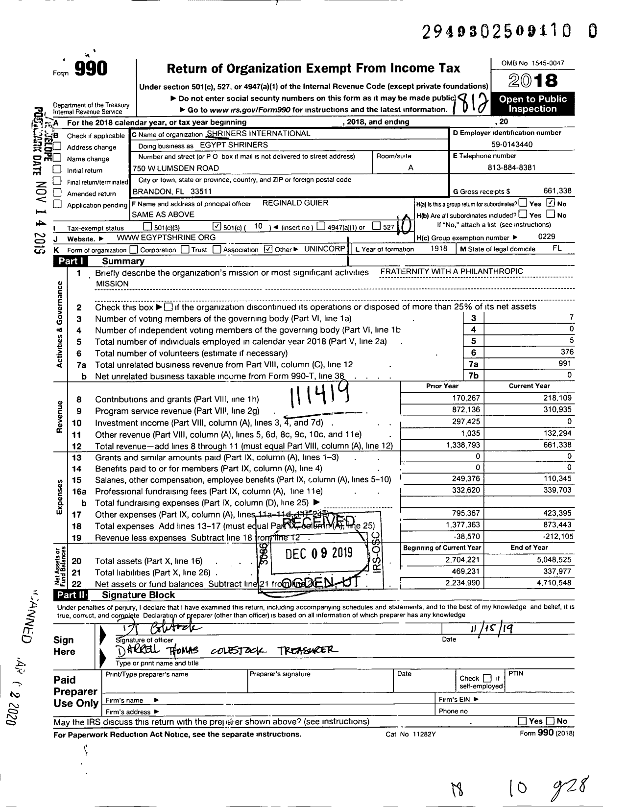 Image of first page of 2018 Form 990O for Shriners International - Egypt Shriners