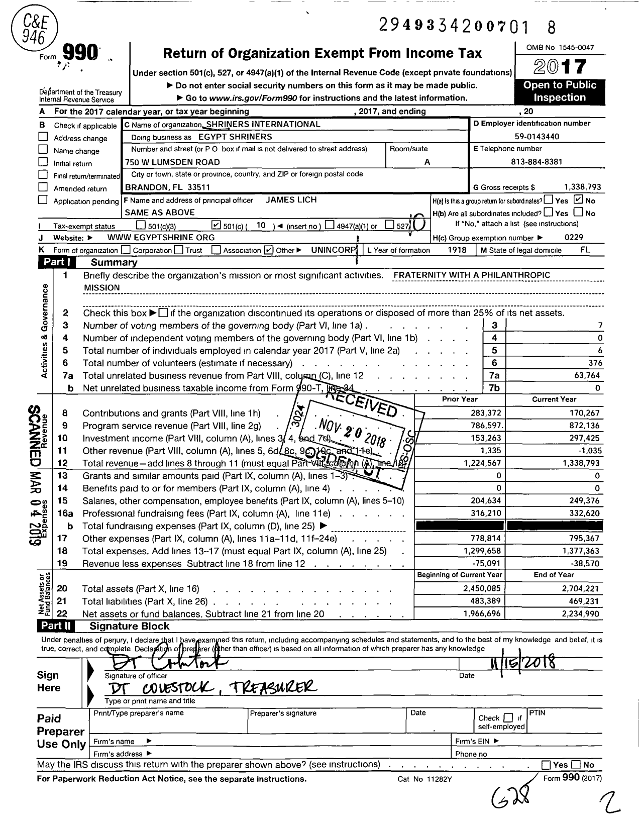 Image of first page of 2017 Form 990O for Shriners International - Egypt Shriners