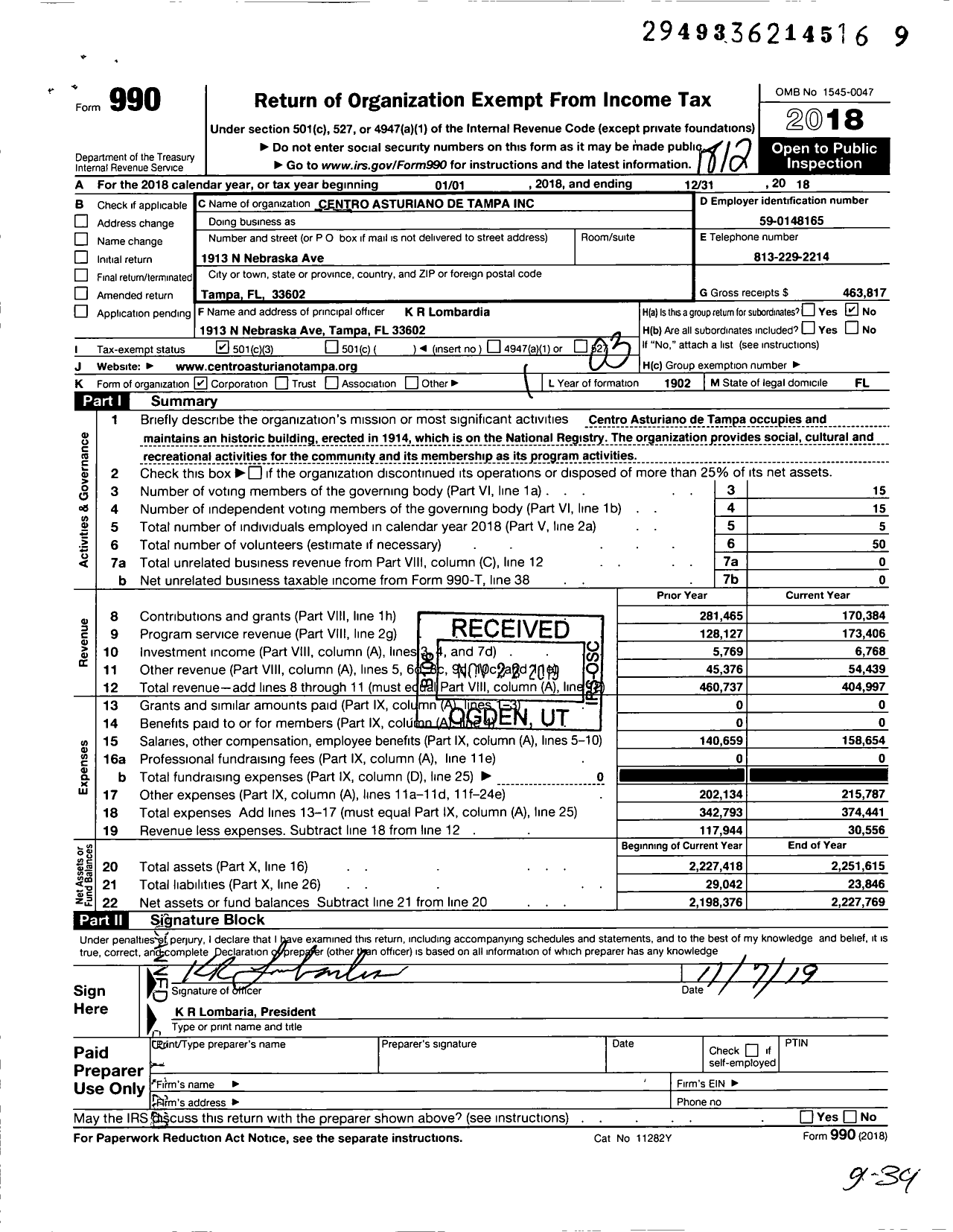 Image of first page of 2018 Form 990 for Centro Asturiano de Tampa