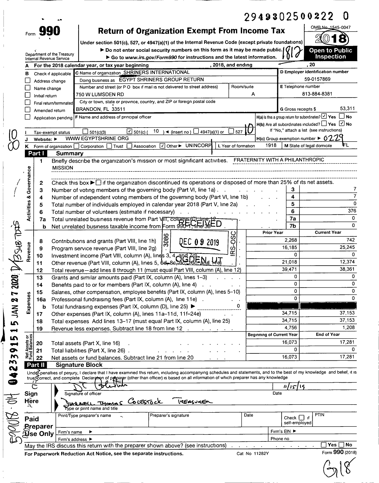 Image of first page of 2018 Form 990O for Shriners International - Egypt Shriners Group Return