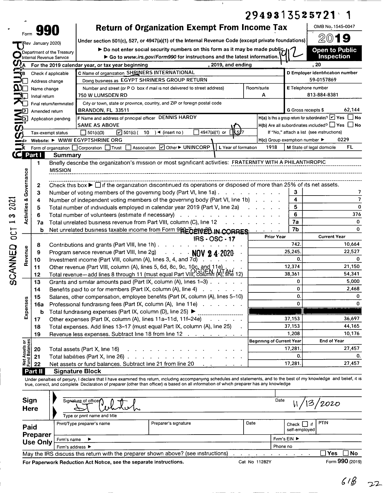 Image of first page of 2019 Form 990O for Shriners International - Egypt Shriners Group Return