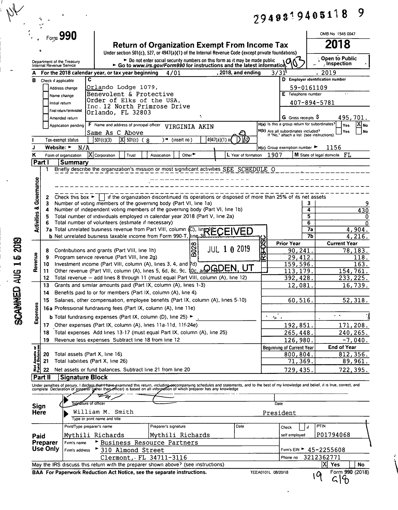 Image of first page of 2018 Form 990O for Benevolent and Protective Order of Elks - 1079 Orlando