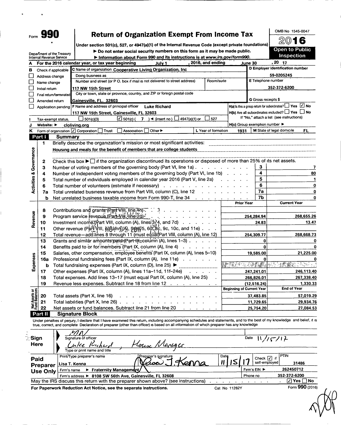 Image of first page of 2016 Form 990O for Coopertive Living Organization